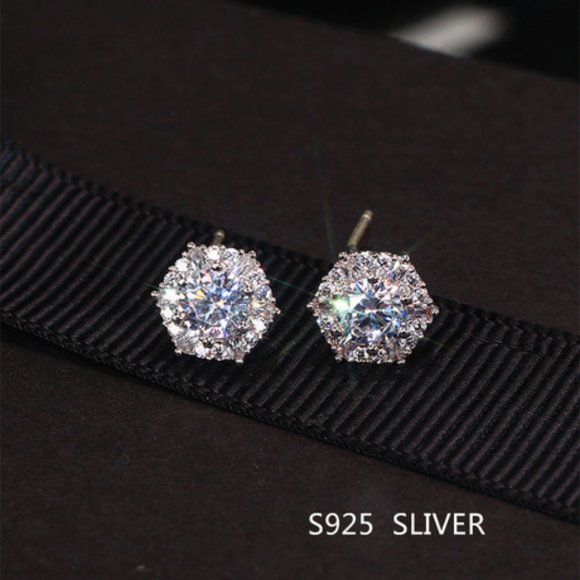 NEW 925 Silver Round Diamond Halo Hexagon Stud Earrings - Picture 3 of 3
